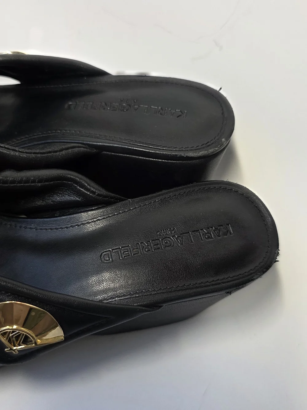 Karl Lagerfeld Black Platform Slide Wedges with Gold Fan Detail
